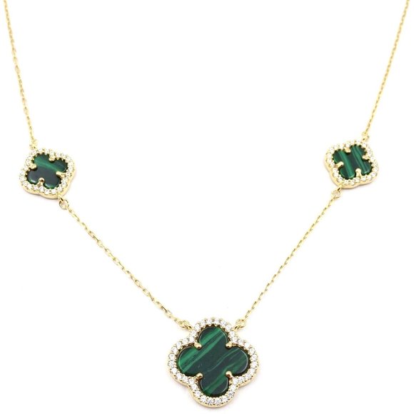 New RACHEL ZOE 18K Gold Silver Malachite Three Clover Cubic Zirconia Necklace - Picture 2 of 12